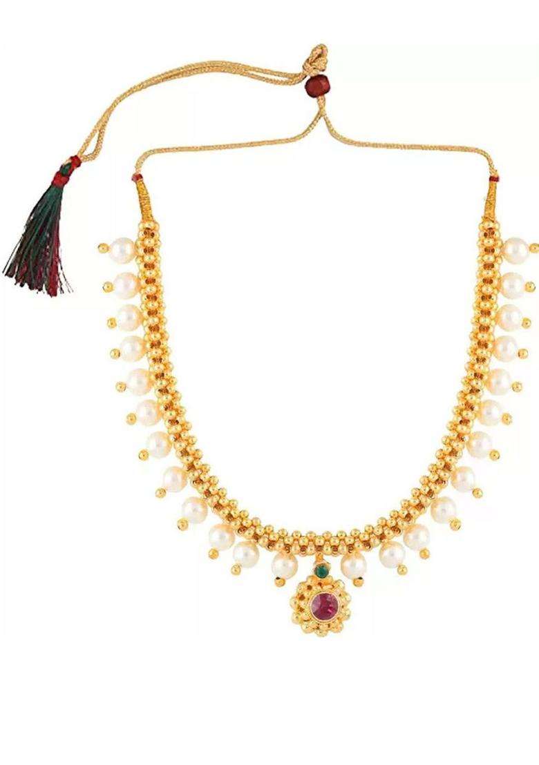 1gm Gold & Micron-Plated Cubic Zirconia-Studded & Beaded Jewellery Set for Women | Traditional Temple Jewellery for Wedding & Festive Wear | Gift for Her - Indya