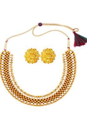 1gm Gold & Micron-Plated Cubic Zirconia-Studded & Beaded Jewellery Set for Women | Traditional Temple Jewellery for Wedding & Festive Wear | Gift for Her