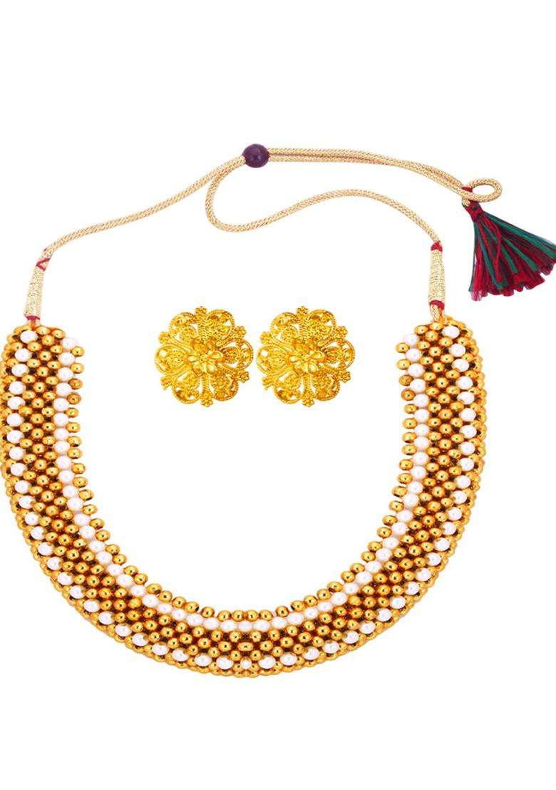 1gm Gold & Micron-Plated Cubic Zirconia-Studded & Beaded Jewellery Set for Women | Traditional Temple Jewellery for Wedding & Festive Wear | Gift for Her - Indya