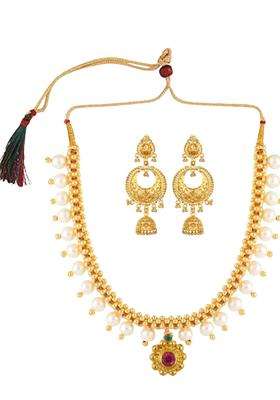 Gold-Plated Cubic Zirconia -Studded & Beaded Jewellery Set for Women | Traditional Temple Jewellery for Wedding & Festive Wear | Gift for Her