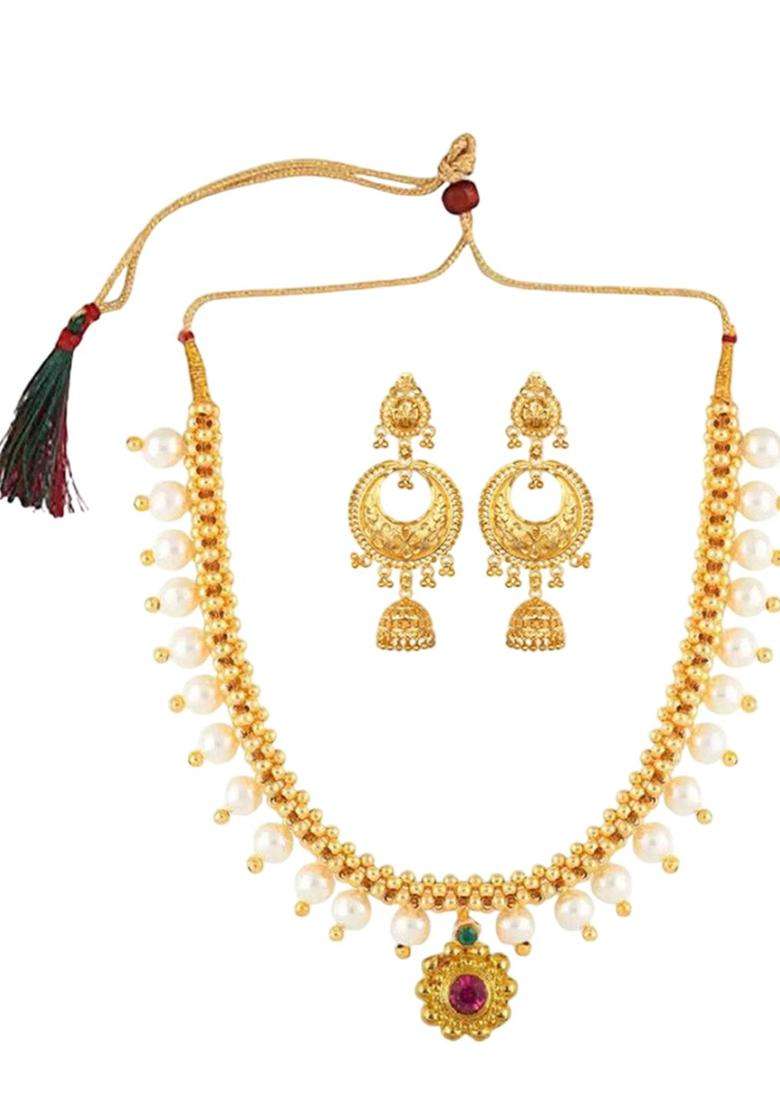 Gold-Plated Cubic Zirconia -Studded & Beaded Jewellery Set for Women | Traditional Temple Jewellery for Wedding & Festive Wear | Gift for Her - Indya