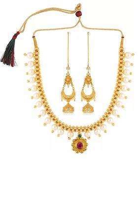 1gm Gold-Plated Cubic Zirconia-Studded & Beaded Jewellery Set for Women | Traditional Temple Jewellery for Wedding & Festive Wear | Gift for Her