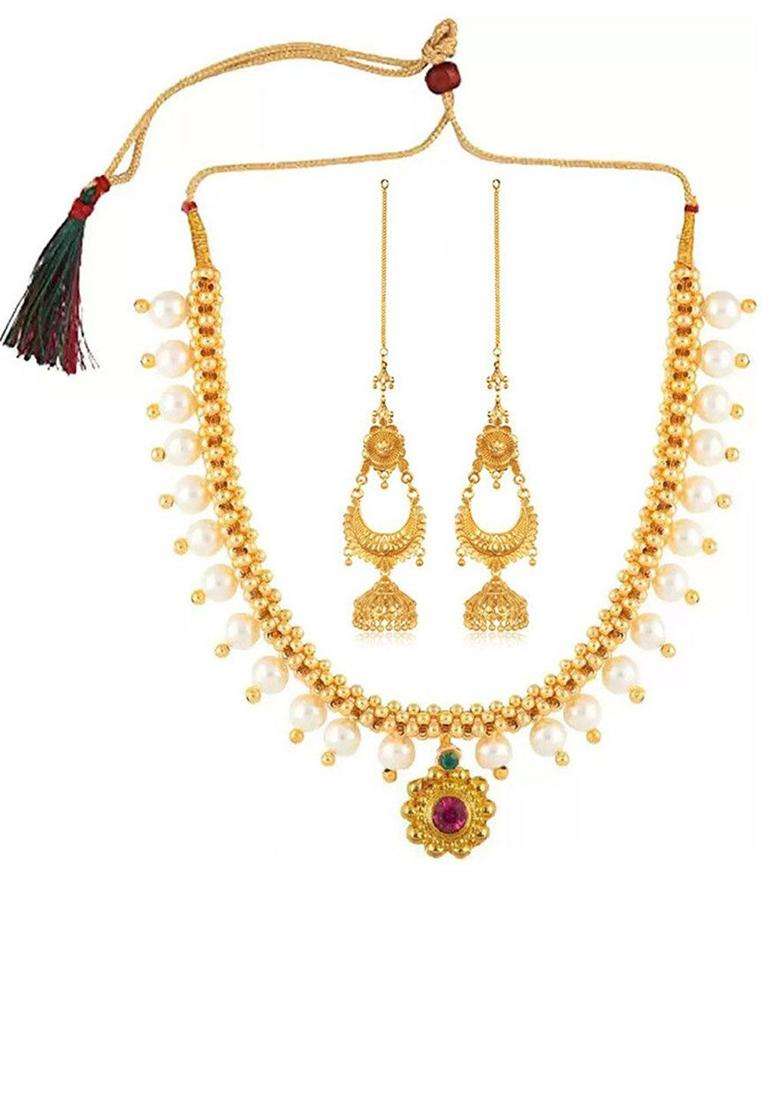 1gm Gold-Plated Cubic Zirconia-Studded & Beaded Jewellery Set for Women | Traditional Temple Jewellery for Wedding & Festive Wear | Gift for Her - Indya