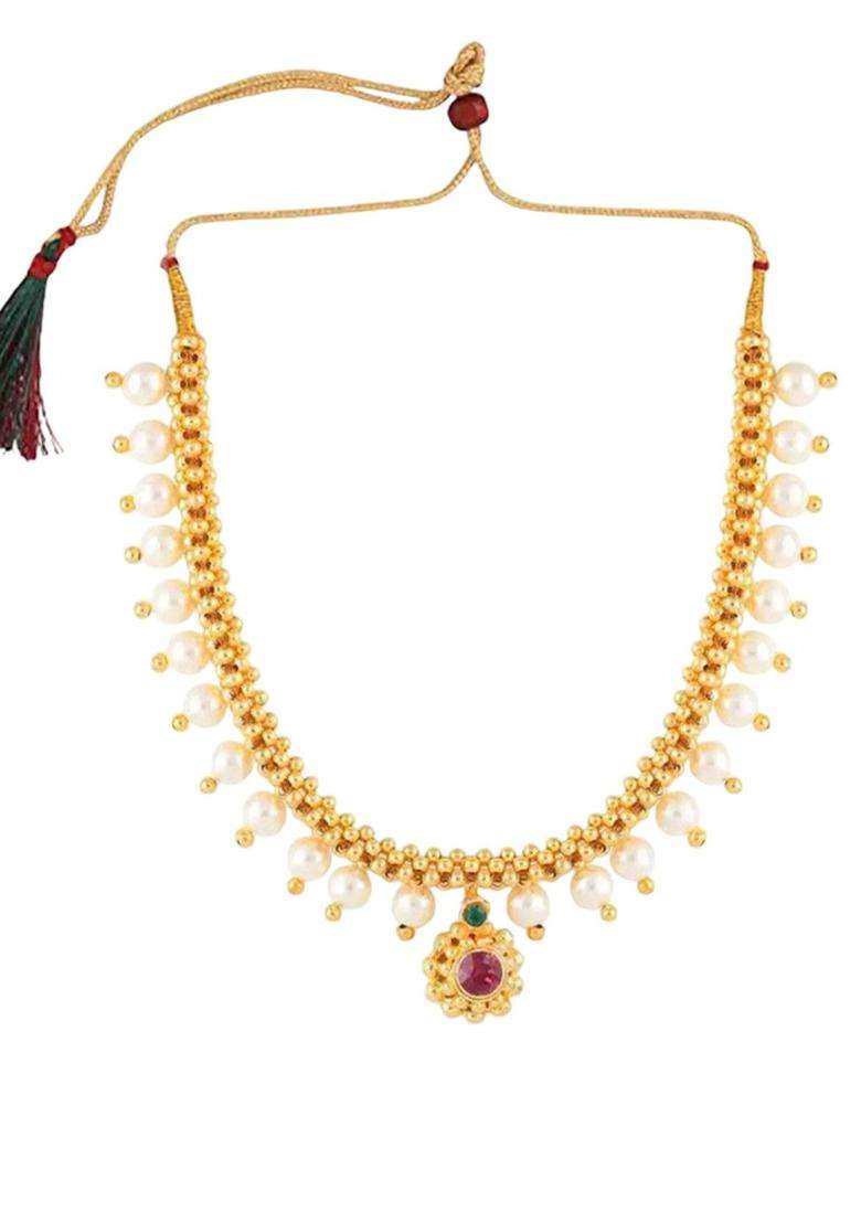 1gm Gold-Plated Cubic Zirconia-Studded & Beaded Jewellery Set for Women | Traditional Temple Jewellery for Wedding & Festive Wear | Gift for Her - Indya