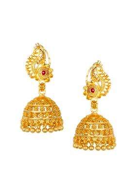 Gold-Plated Stone Studded Dome Shaped Temple Jhumkas for Women | Traditional Temple Jewellery for Wedding & Festive Wear | Gift for Her