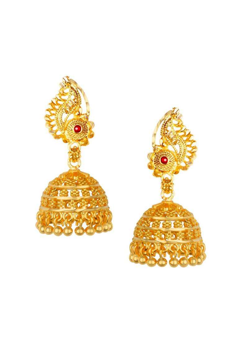 Gold-Plated Stone Studded Dome Shaped Temple Jhumkas for Women | Traditional Temple Jewellery for Wedding & Festive Wear | Gift for Her - Indya