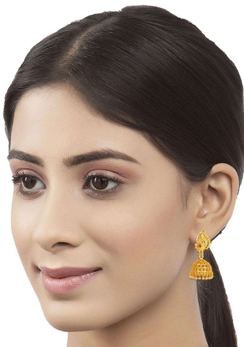 Gold-Plated Stone Studded Dome Shaped Temple Jhumkas for Women | Traditional Temple Jewellery for Wedding & Festive Wear | Gift for Her - Indya