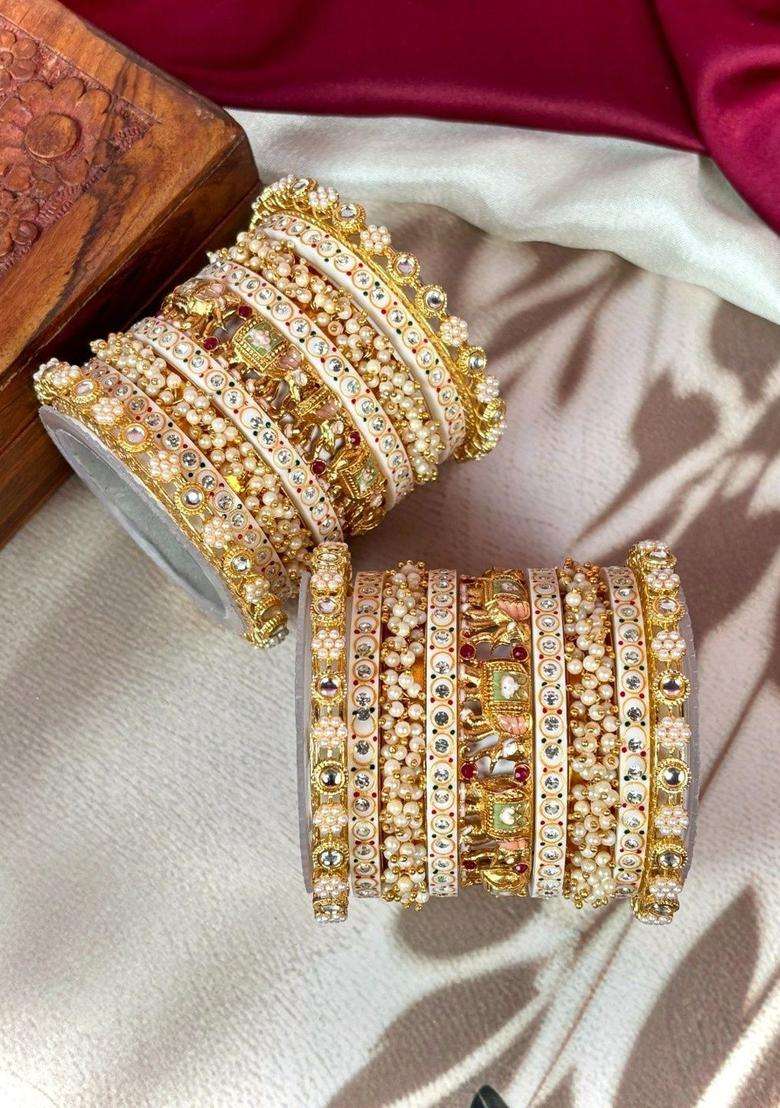 Set of 18 Gold-Plated Stone-Studded & Pearl Beaded Bangles for Women | Traditional Temple Jewellery for Wedding & Festive Wear | Gift for Her - Indya