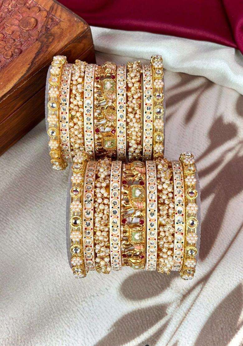Set of 18 Gold-Plated Stone-Studded & Pearl Beaded Bangles for Women | Traditional Temple Jewellery for Wedding & Festive Wear | Gift for Her - Indya