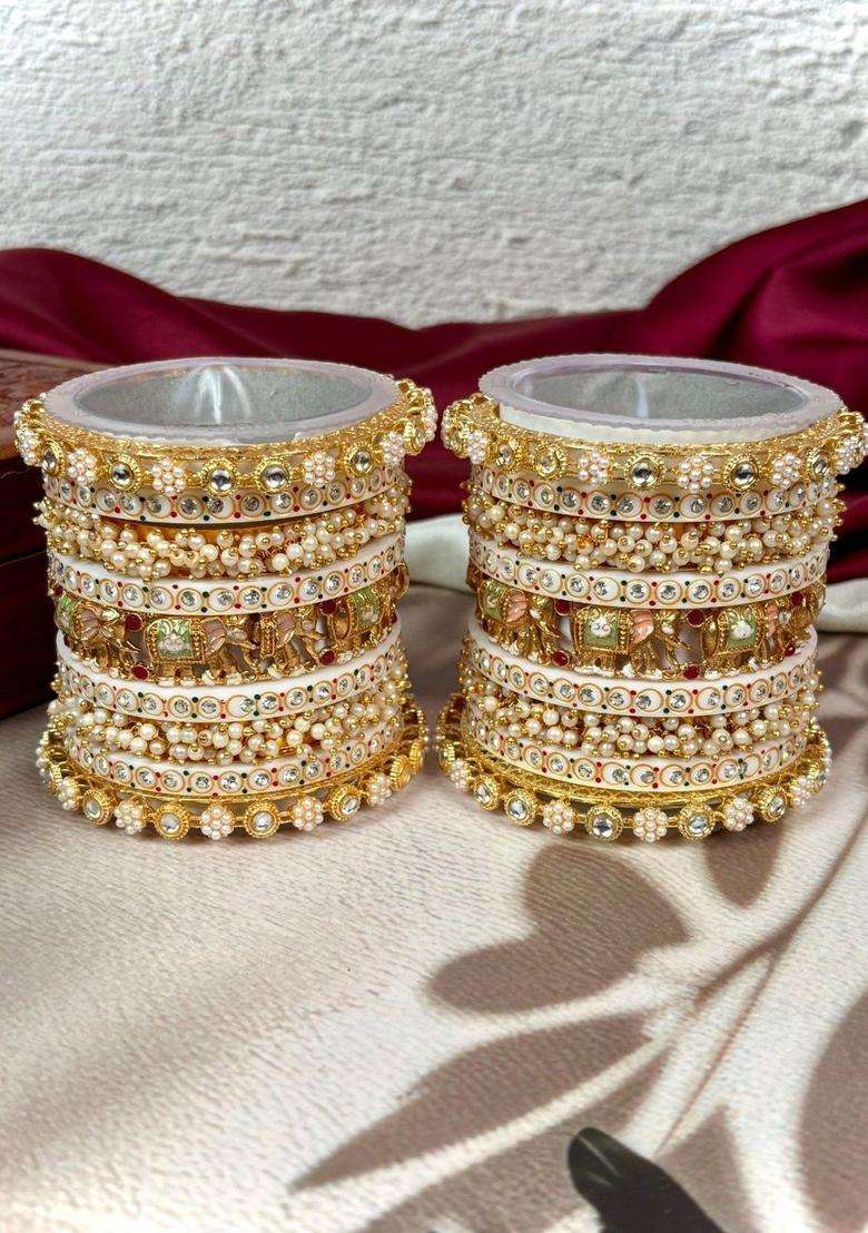 Set of 18 Gold-Plated Stone-Studded & Pearl Beaded Bangles for Women | Traditional Temple Jewellery for Wedding & Festive Wear | Gift for Her - Indya