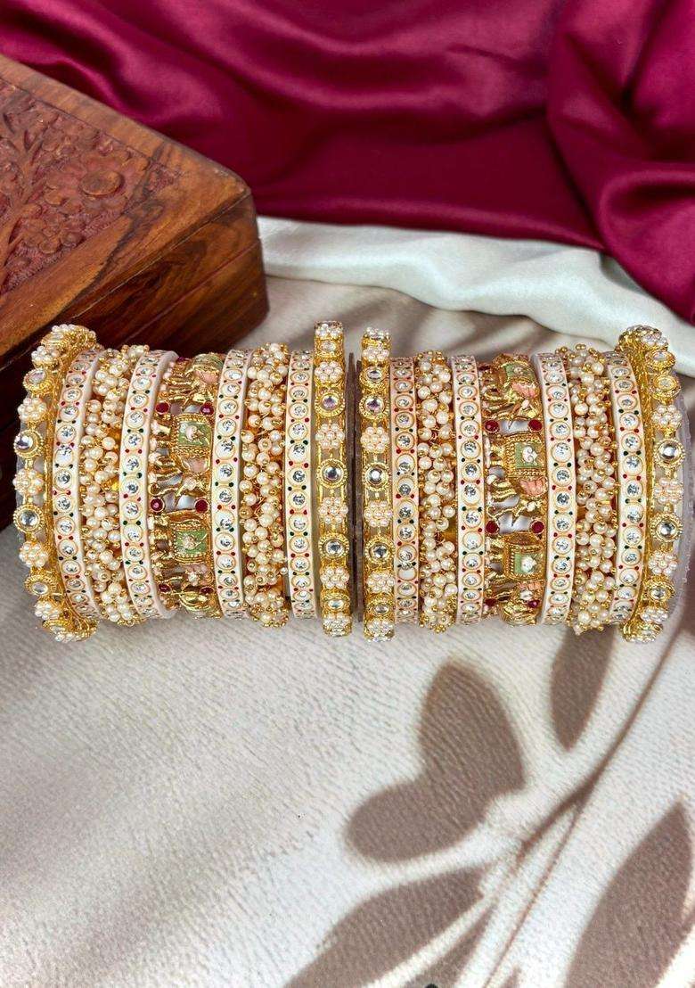Set of 18 Gold-Plated Stone-Studded & Pearl Beaded Bangles for Women | Traditional Temple Jewellery for Wedding & Festive Wear | Gift for Her - Indya