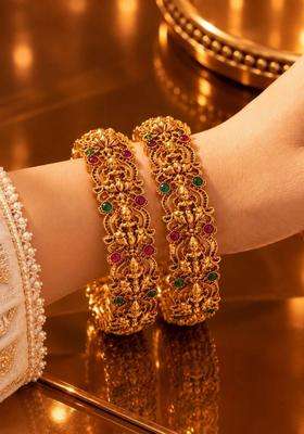 Set of 2 Gold-Plated Temple Stone Studded & Beaded Bangles for Women | Traditional Temple Jewellery for Wedding & Festive Wear | Gift for Her