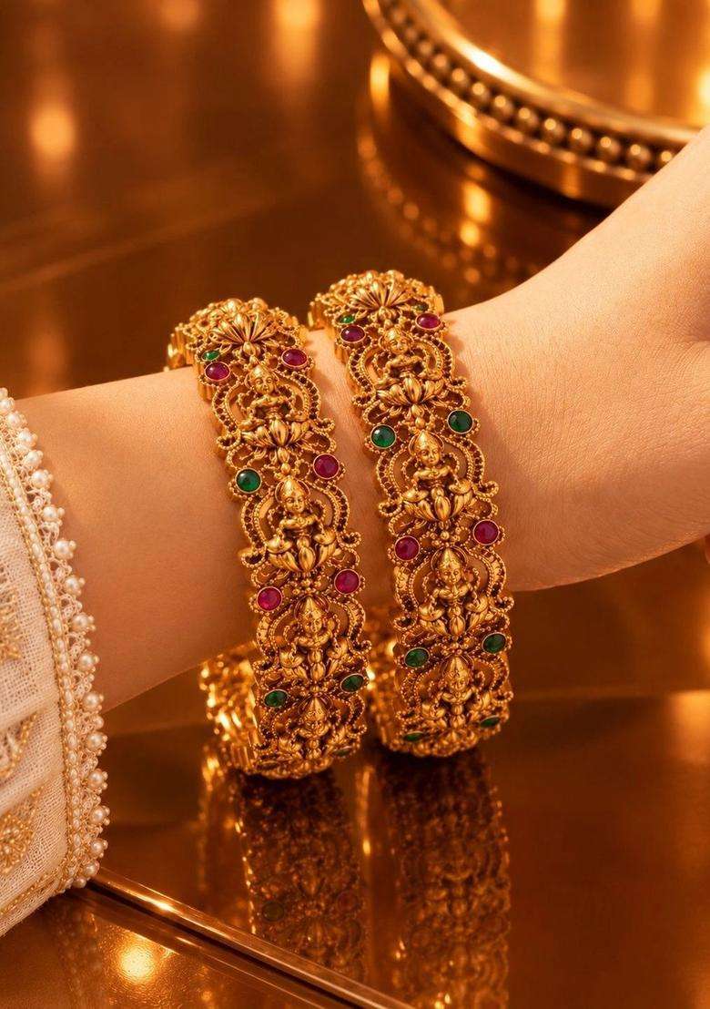 Set of 2 Gold-Plated Temple Stone Studded & Beaded Bangles for Women | Traditional Temple Jewellery for Wedding & Festive Wear | Gift for Her - Indya