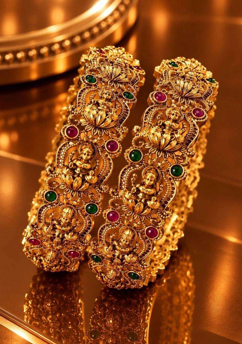 Set of 2 Gold-Plated Temple Stone Studded & Beaded Bangles for Women | Traditional Temple Jewellery for Wedding & Festive Wear | Gift for Her - Indya