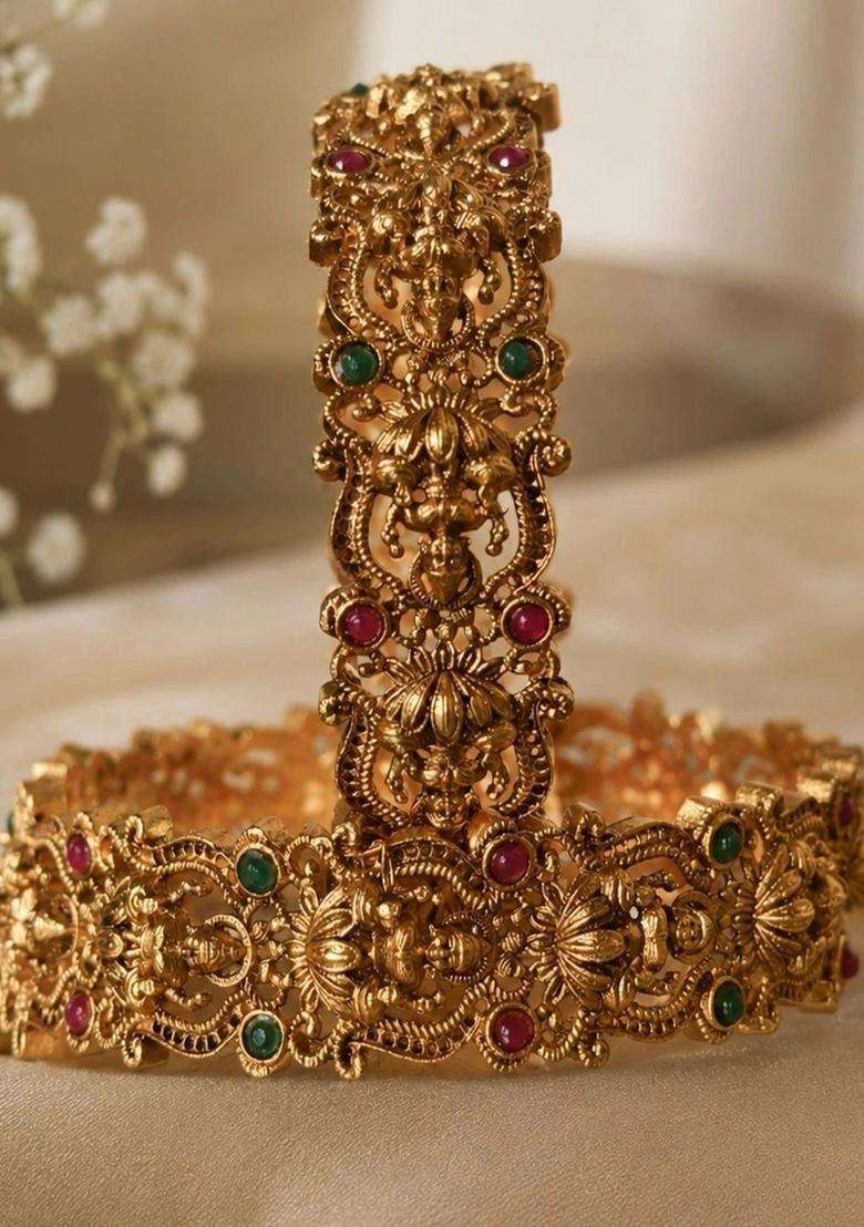 Set of 2 Gold-Plated Temple Stone Studded & Beaded Bangles for Women | Traditional Temple Jewellery for Wedding & Festive Wear | Gift for Her - Indya