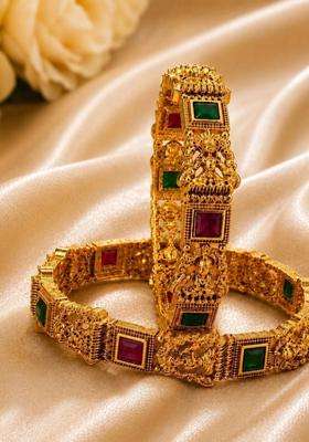 Set of 2 Gold-Plated Temple Stone Studded & Beaded Bangles for Women | Traditional Temple Jewellery for Wedding & Festive Wear | Gift for Her
