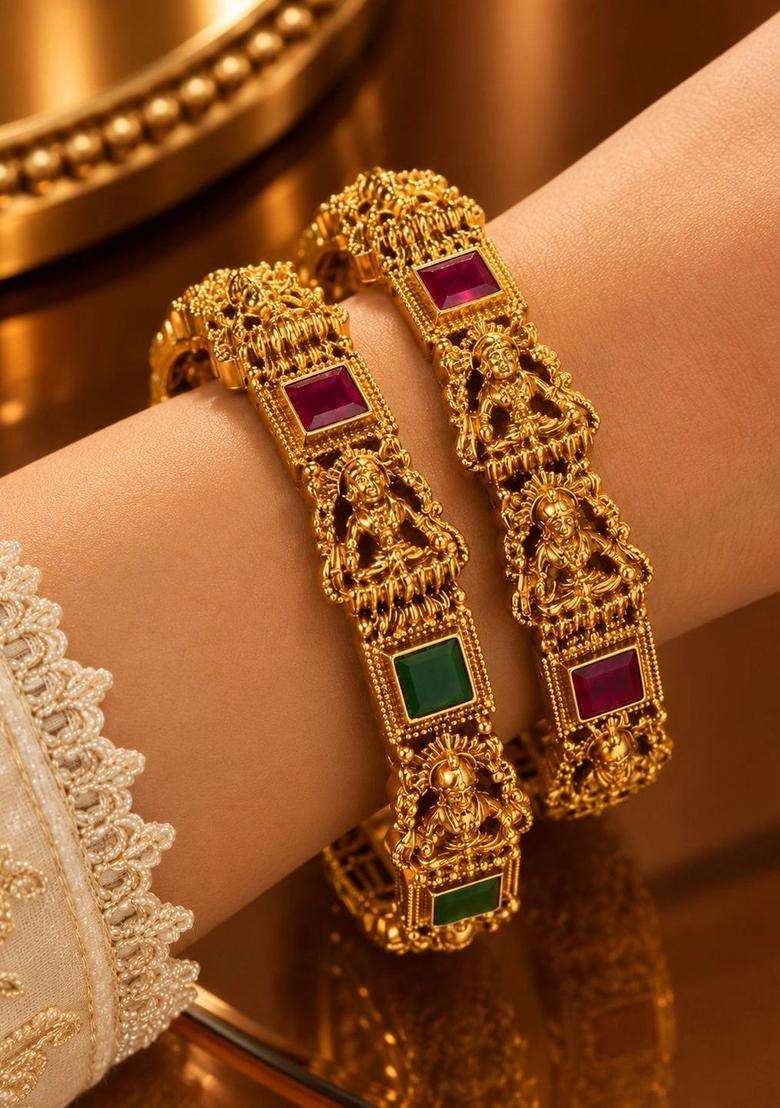 Set of 2 Gold-Plated Temple Stone Studded & Beaded Bangles for Women | Traditional Temple Jewellery for Wedding & Festive Wear | Gift for Her - Indya