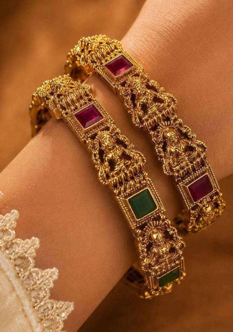 Set of 2 Gold-Plated Temple Stone Studded & Beaded Bangles for Women | Traditional Temple Jewellery for Wedding & Festive Wear | Gift for Her - Indya