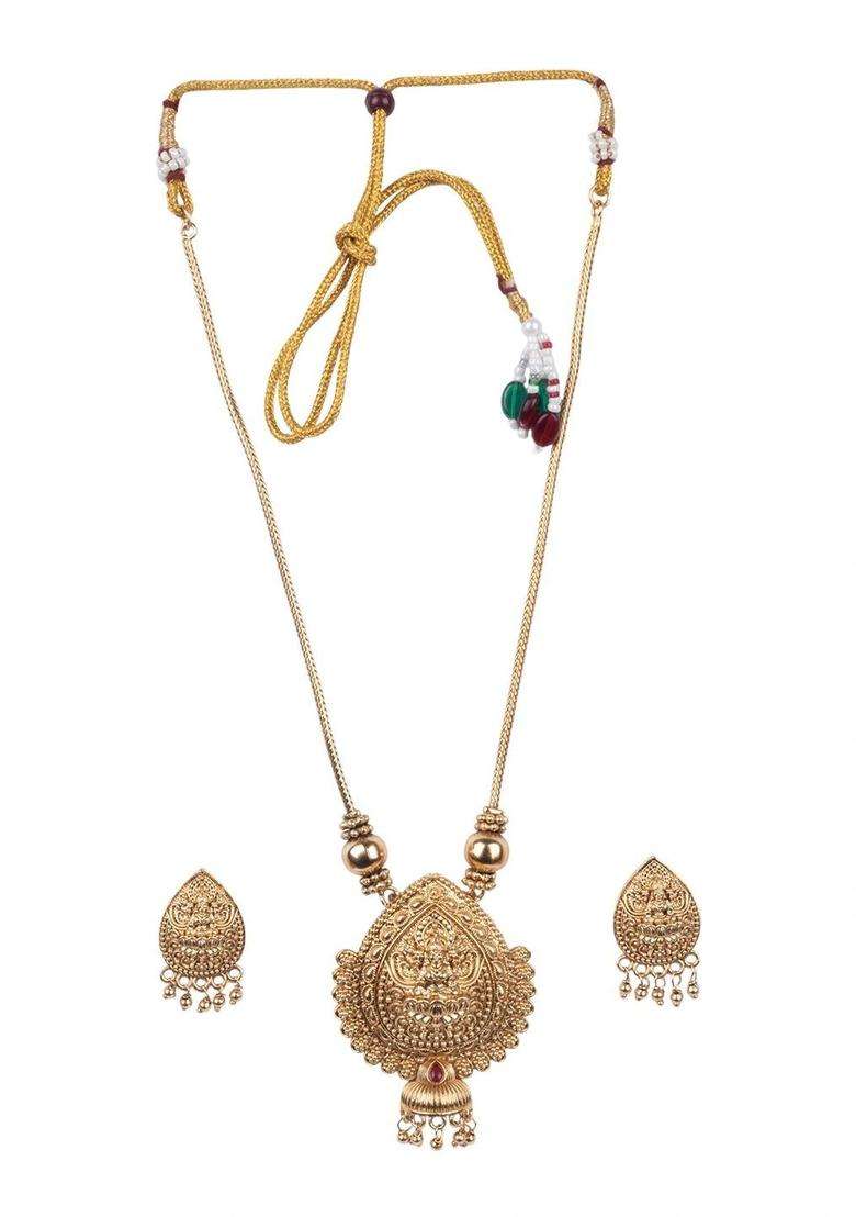 Gold-Plated Temple Stone Studded & Beaded Pendant and Earrings for Women | Traditional Temple Jewellery for Wedding & Festive Wear | Gift for Her - Indya