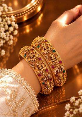 Set of 2 Gold-Plated Temple Stone Studded & Beaded Bangles for Women | Traditional Temple Jewellery for Wedding & Festive Wear | Gift for Her