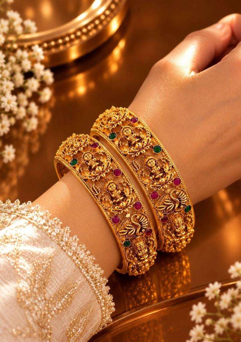 Set of 2 Gold-Plated Temple Stone Studded & Beaded Bangles for Women | Traditional Temple Jewellery for Wedding & Festive Wear | Gift for Her - Indya