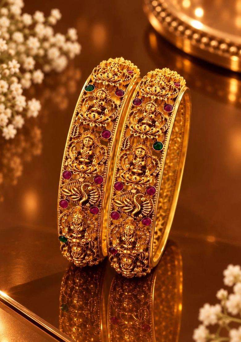 Set of 2 Gold-Plated Temple Stone Studded & Beaded Bangles for Women | Traditional Temple Jewellery for Wedding & Festive Wear | Gift for Her - Indya