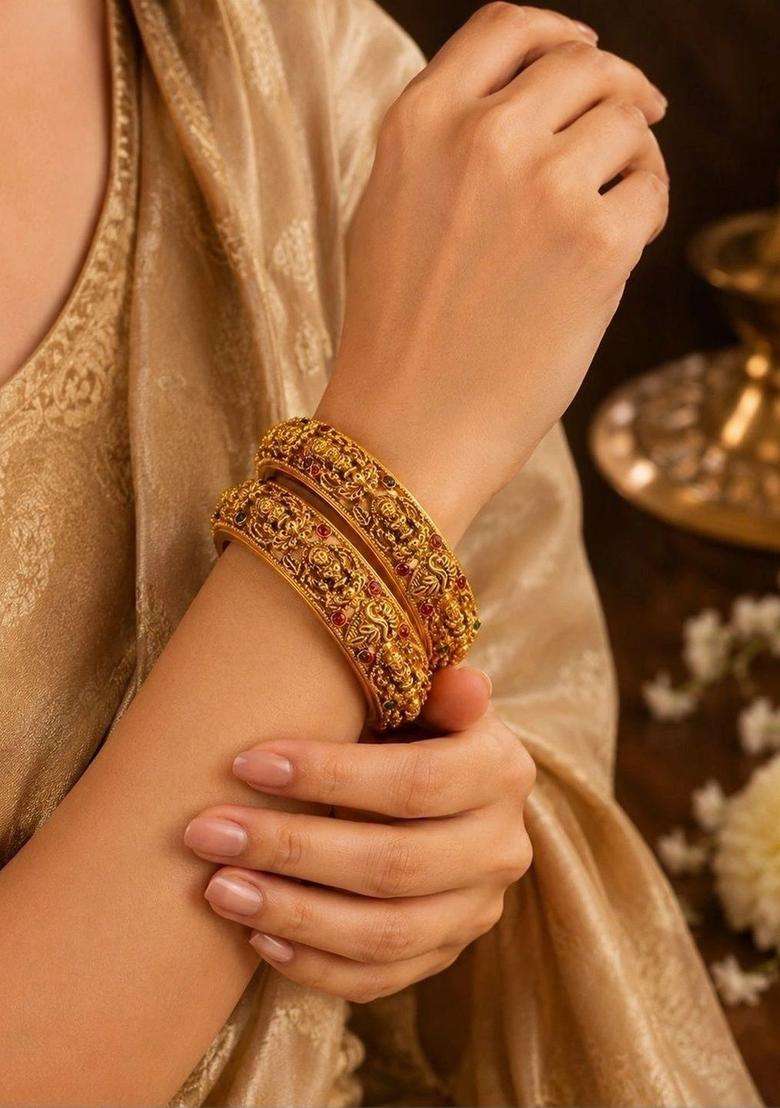 Set of 2 Gold-Plated Temple Stone Studded & Beaded Bangles for Women | Traditional Temple Jewellery for Wedding & Festive Wear | Gift for Her - Indya