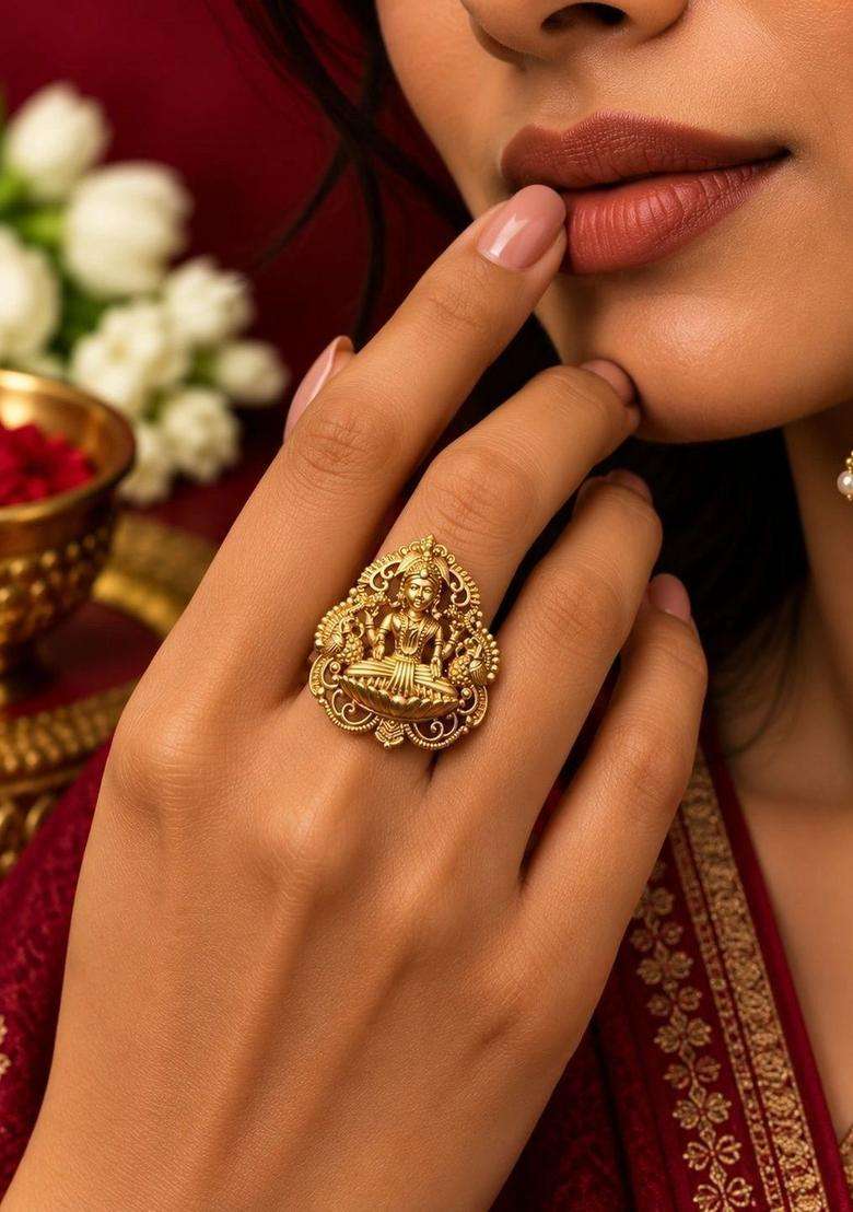 Gold-Plated Temple Finger Ring for Women | Traditional Temple Jewellery for Wedding & Festive Wear | Gift for Her - Indya