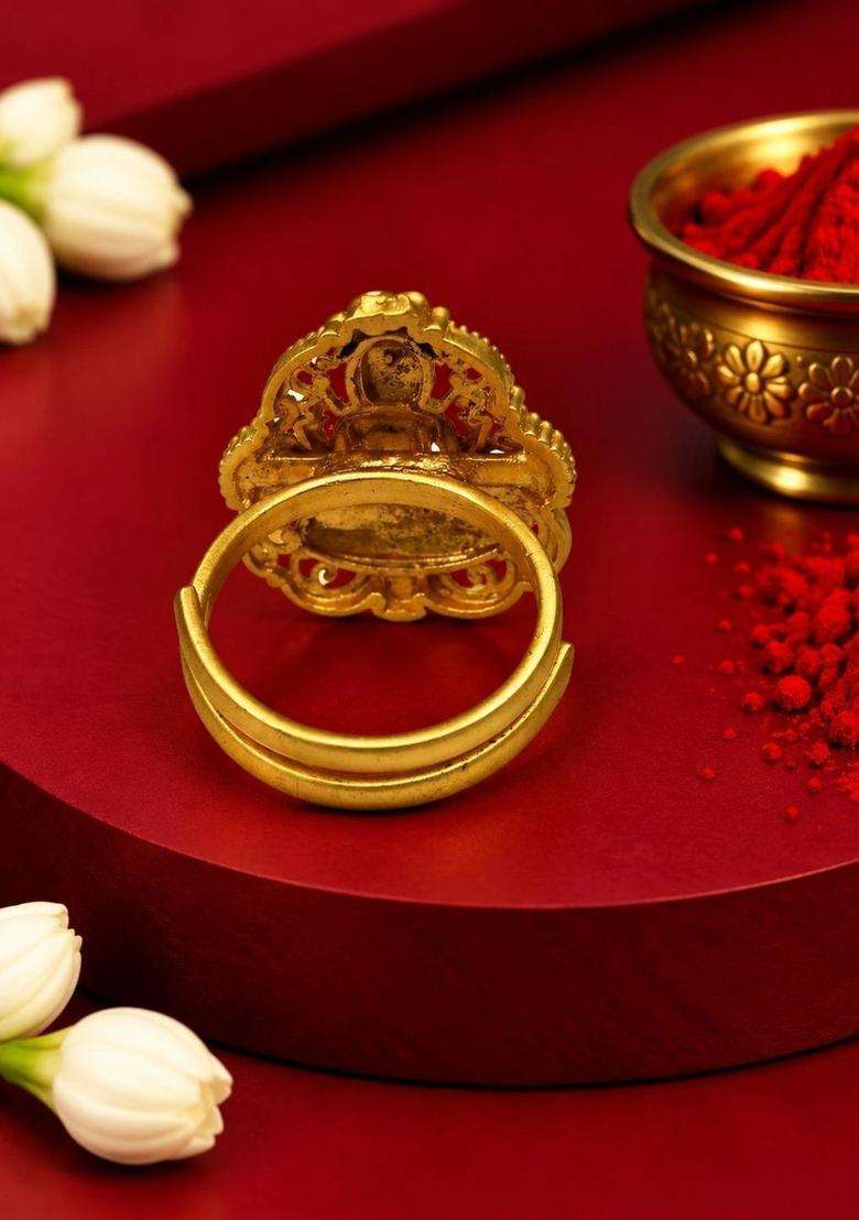 Gold-Plated Temple Finger Ring for Women | Traditional Temple Jewellery for Wedding & Festive Wear | Gift for Her - Indya