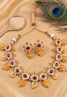 Gold-Plated Temple Stone Studded & Beaded Necklace and Earrings for Women | Traditional Temple Jewellery for Wedding & Festive Wear | Gift for Her