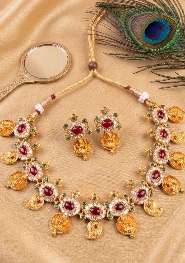 Gold-Plated Temple Stone Studded & Beaded Necklace and Earrings for Women | Traditional Temple Jewellery for Wedding & Festive Wear | Gift for Her - Indya