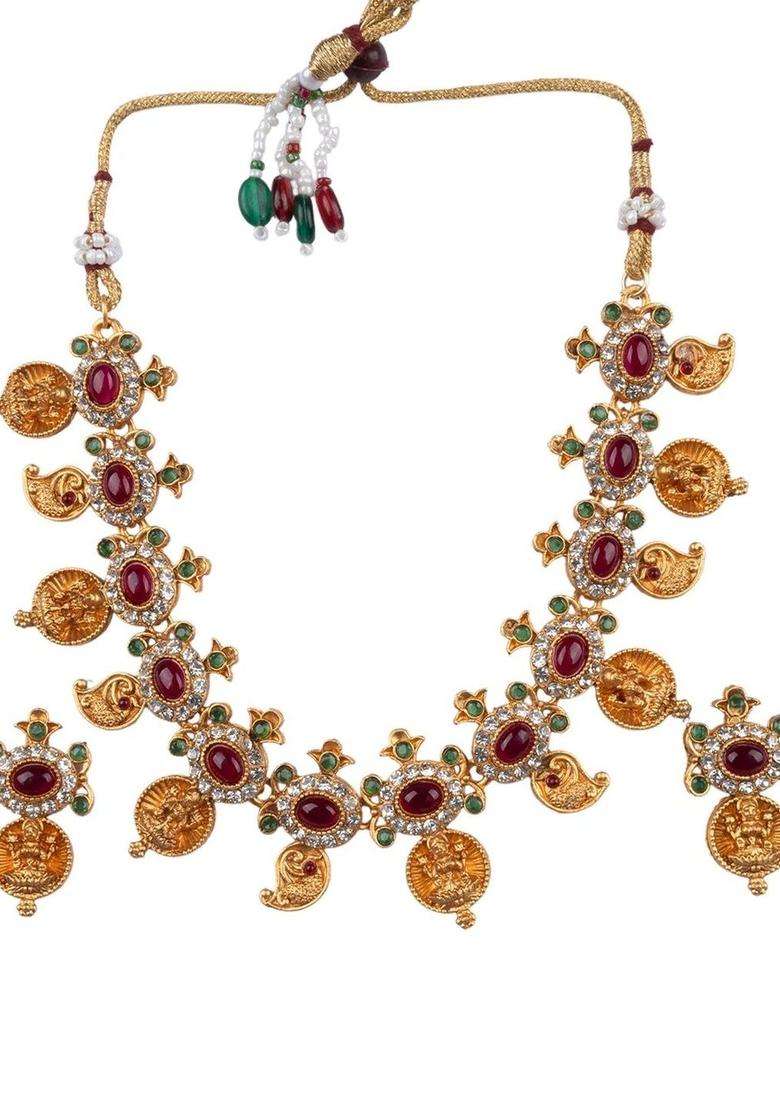Gold-Plated Temple Stone Studded & Beaded Necklace and Earrings for Women | Traditional Temple Jewellery for Wedding & Festive Wear | Gift for Her - Indya