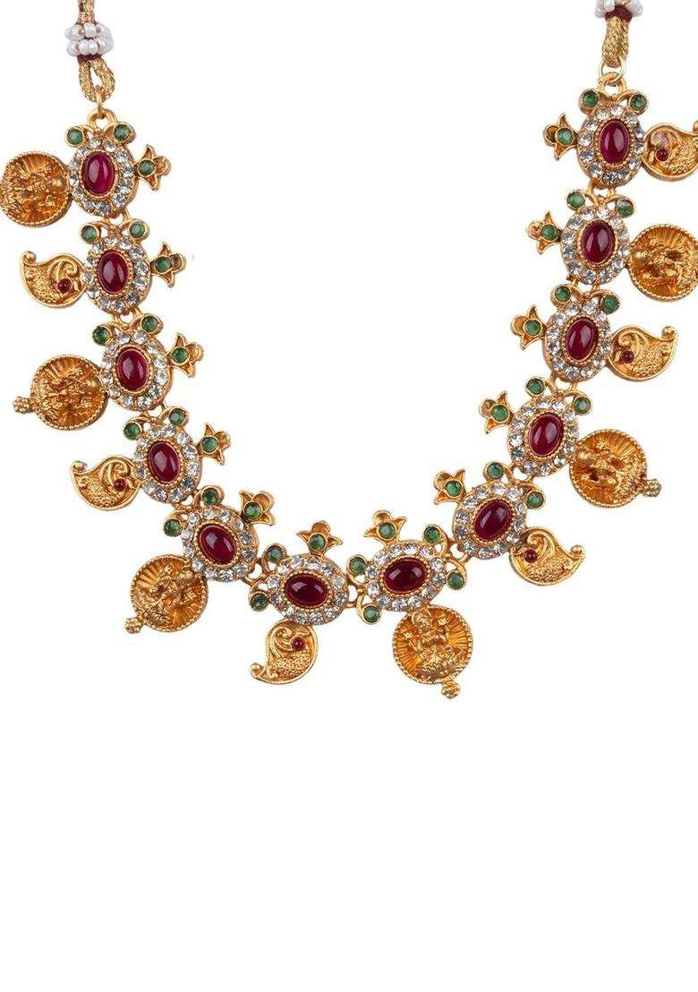 Gold-Plated Temple Stone Studded & Beaded Necklace and Earrings for Women | Traditional Temple Jewellery for Wedding & Festive Wear | Gift for Her - Indya