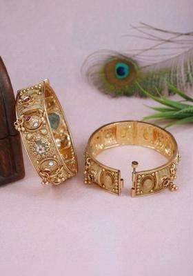 Set of 2 Gold-Plated Temple Stone Studded & Beaded Bangles for Women | Traditional Temple Jewellery for Wedding & Festive Wear | Gift for Her