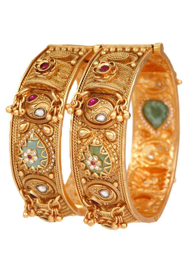 Set of 2 Gold-Plated Temple Stone Studded & Beaded Bangles for Women | Traditional Temple Jewellery for Wedding & Festive Wear | Gift for Her - Indya