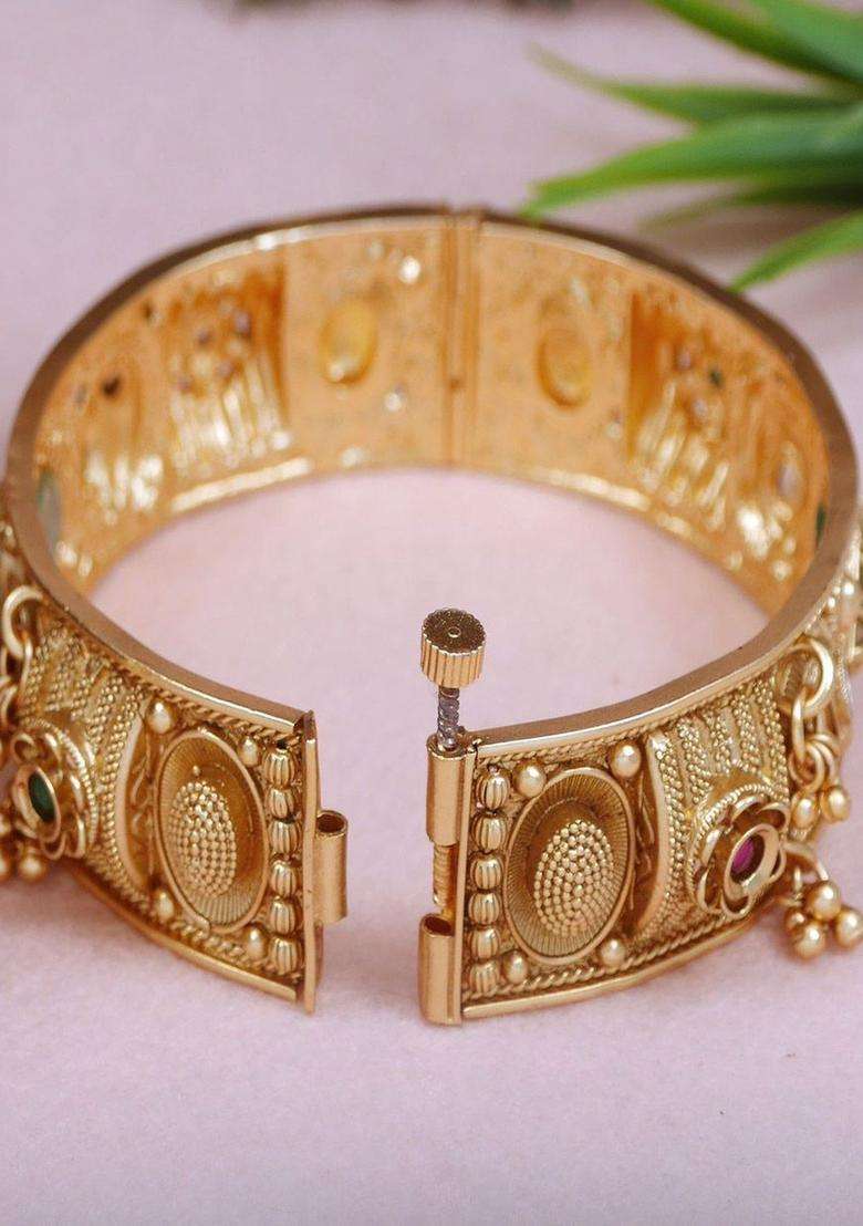 Set of 2 Gold-Plated Temple Stone Studded & Beaded Bangles for Women | Traditional Temple Jewellery for Wedding & Festive Wear | Gift for Her - Indya