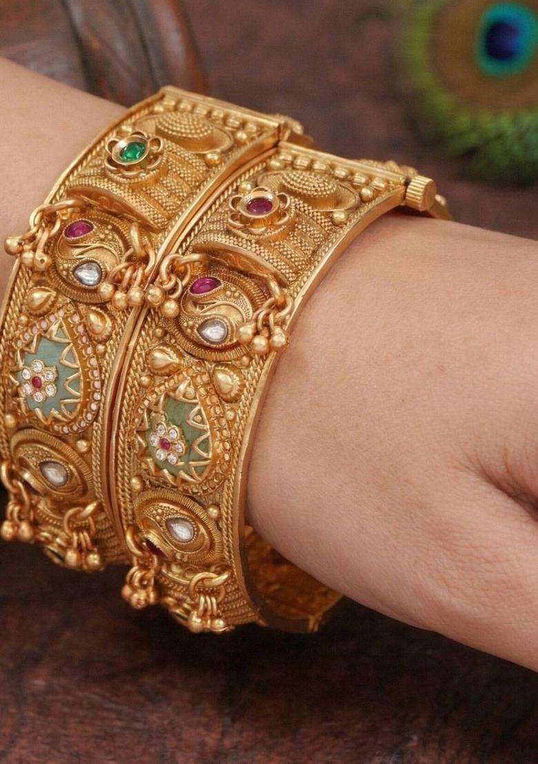 Set of 2 Gold-Plated Temple Stone Studded & Beaded Bangles for Women | Traditional Temple Jewellery for Wedding & Festive Wear | Gift for Her - Indya