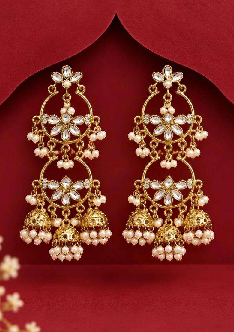 Gold-Plated Circular Jhumkas Earrings with Kundan for Women | Traditional Temple Jewellery for Wedding & Festive Wear | Gift for Her - Indya
