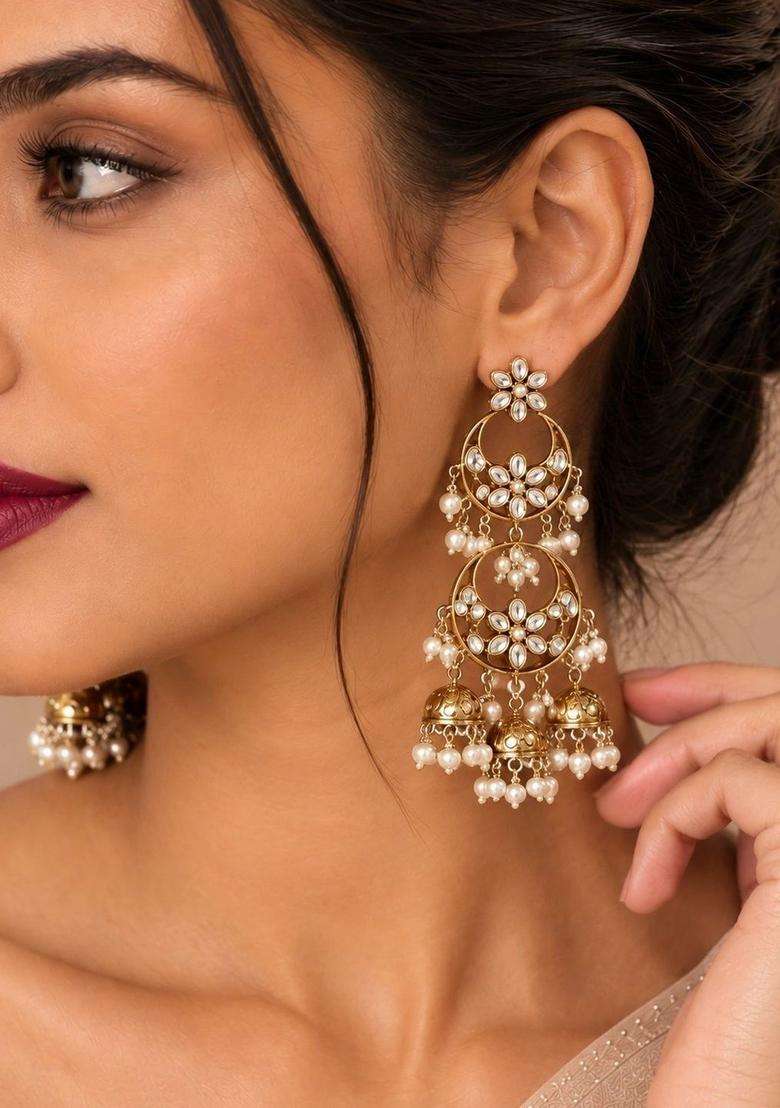 Gold-Plated Circular Jhumkas Earrings with Kundan for Women | Traditional Temple Jewellery for Wedding & Festive Wear | Gift for Her - Indya