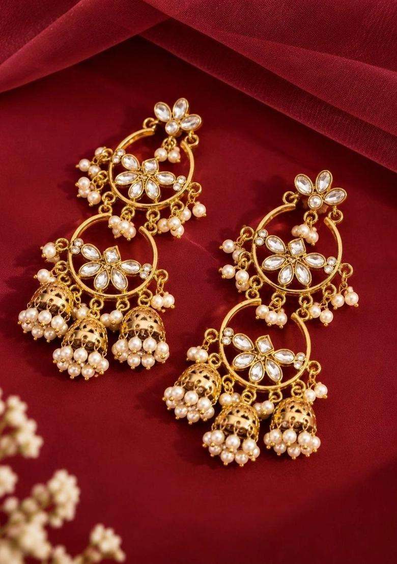 Gold-Plated Circular Jhumkas Earrings with Kundan for Women | Traditional Temple Jewellery for Wedding & Festive Wear | Gift for Her - Indya