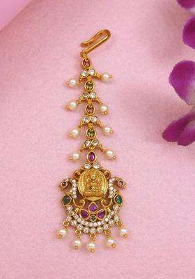 Gold-Plated Artificial Stones and Beads Studded Maang Tikka Head Jewellery for Women | Traditional Temple Jewellery for Wedding & Festive Wear | Gift for Her