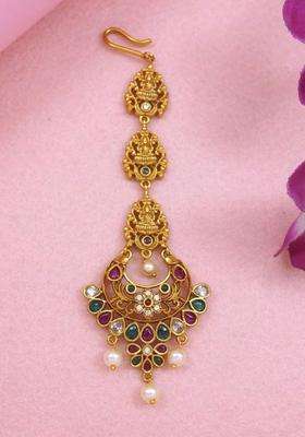 Gold-Plated Artificial Stones and Beads Studded Maang Tikka Head Jewellery for Women | Traditional Temple Jewellery for Wedding & Festive Wear | Gift for Her