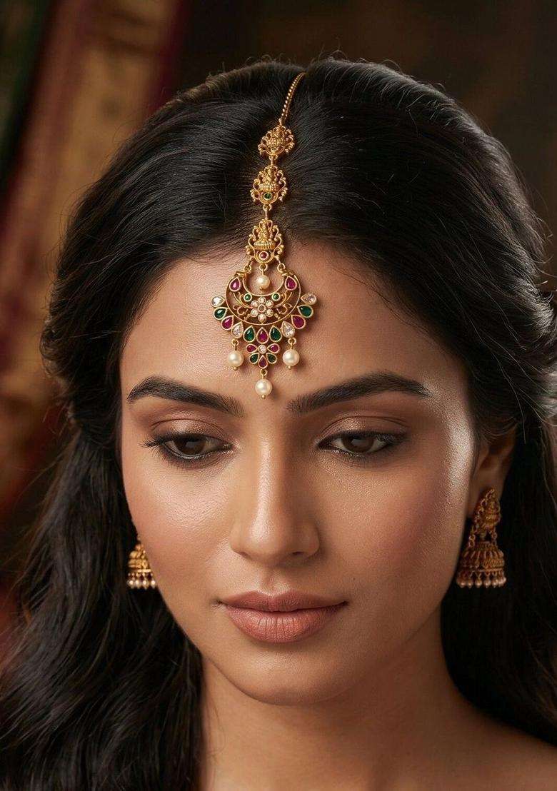 Gold-Plated Artificial Stones and Beads Studded Maang Tikka Head Jewellery for Women | Traditional Temple Jewellery for Wedding & Festive Wear | Gift for Her - Indya