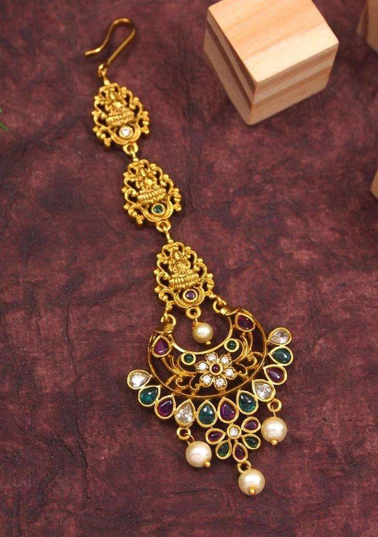 Gold-Plated Artificial Stones and Beads Studded Maang Tikka Head Jewellery for Women | Traditional Temple Jewellery for Wedding & Festive Wear | Gift for Her - Indya