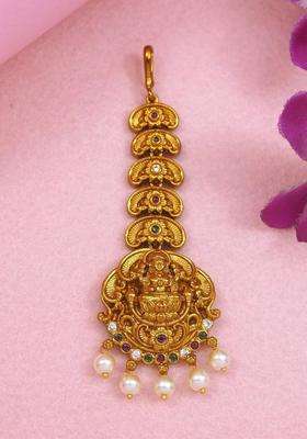 Gold-Plated Artificial Stones and Beads Studded Maang Tikka Head Jewellery for Women | Traditional Temple Jewellery for Wedding & Festive Wear | Gift for Her