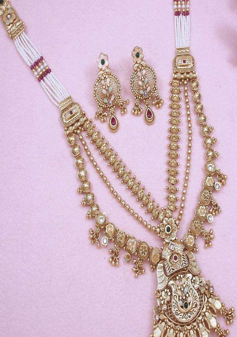 Gold-Plated Temple Stone Studded & Beaded Necklace and Earrings for Women | Traditional Temple Jewellery for Wedding & Festive Wear | Gift for Her - Indya