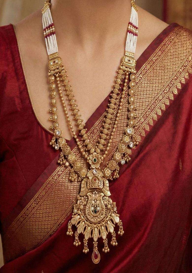 Gold-Plated Temple Stone Studded & Beaded Necklace and Earrings for Women | Traditional Temple Jewellery for Wedding & Festive Wear | Gift for Her - Indya