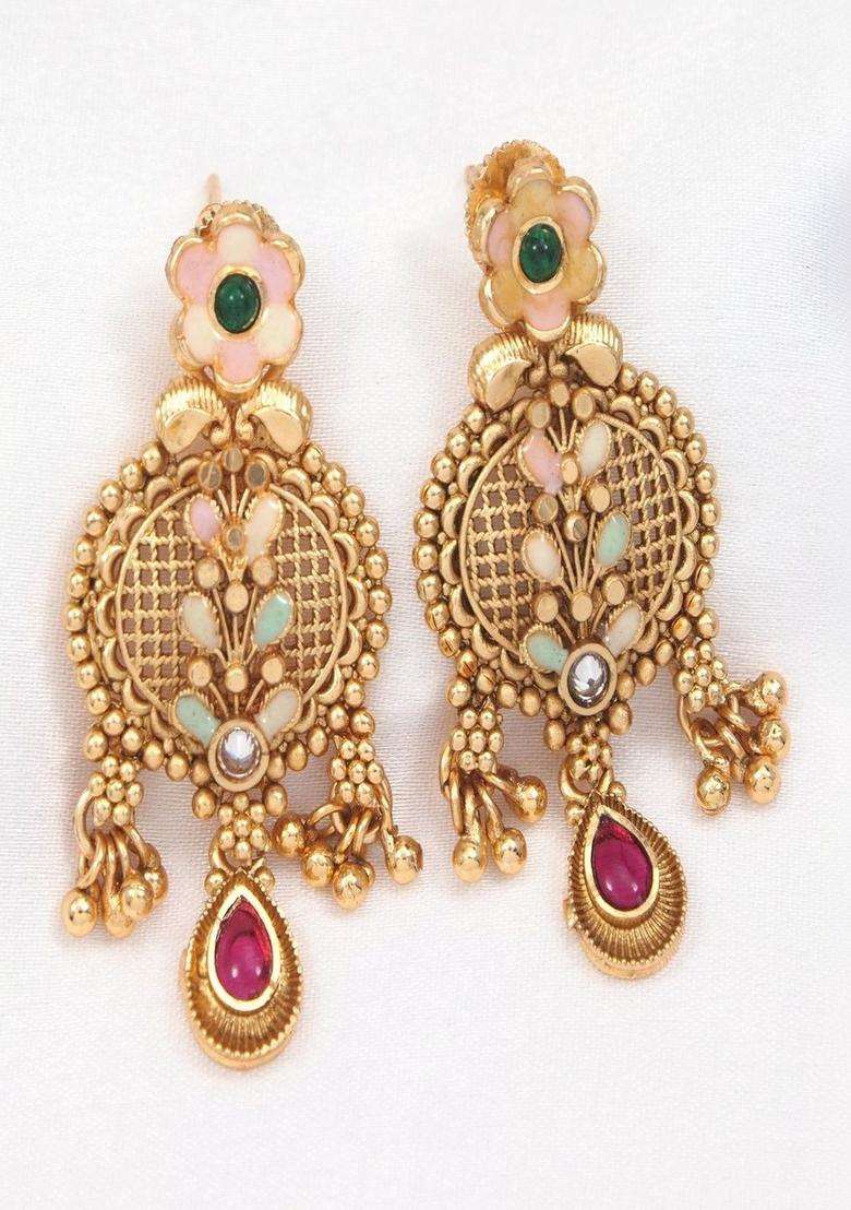 Gold-Plated Temple Stone Studded & Beaded Necklace and Earrings for Women | Traditional Temple Jewellery for Wedding & Festive Wear | Gift for Her - Indya