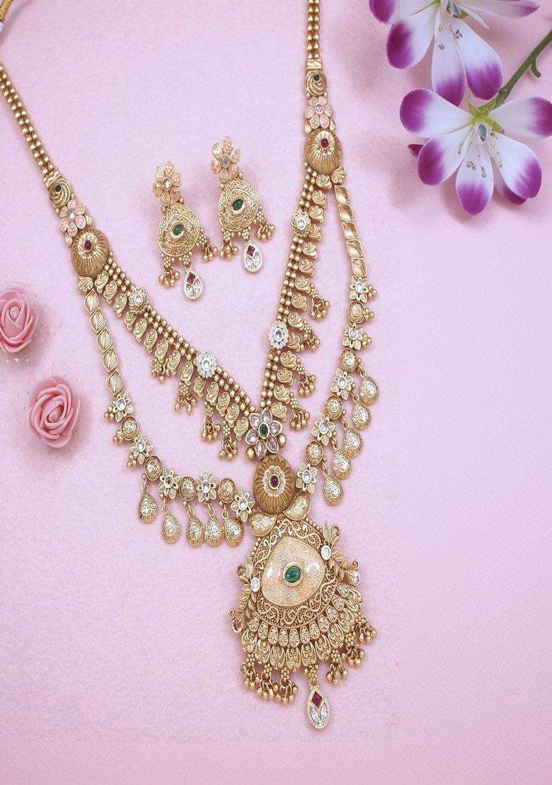 Gold-Plated Temple Stone Studded & Beaded Necklace and Earrings for Women | Traditional Temple Jewellery for Wedding & Festive Wear | Gift for Her - Indya