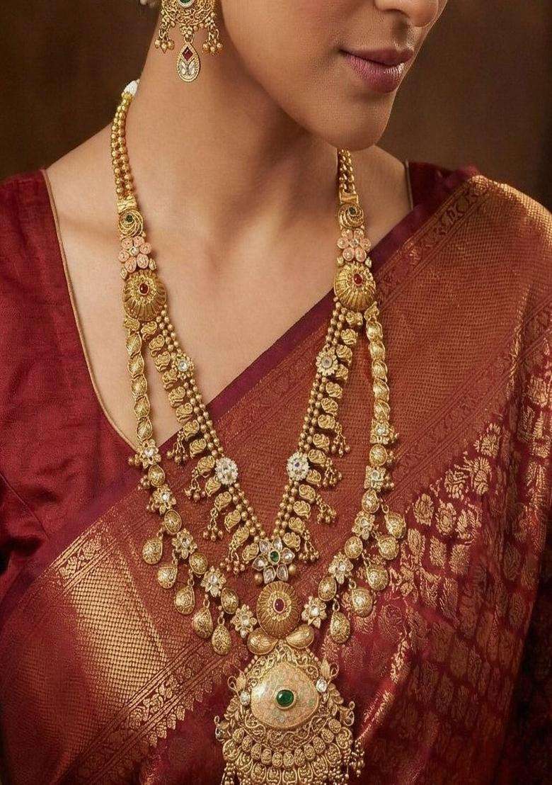 Gold-Plated Temple Stone Studded & Beaded Necklace and Earrings for Women | Traditional Temple Jewellery for Wedding & Festive Wear | Gift for Her - Indya